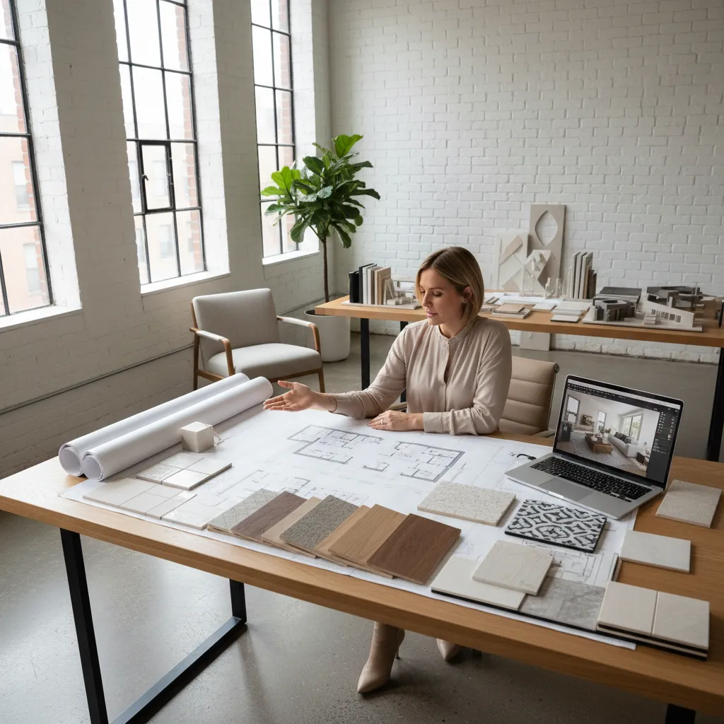 Diseñador de interiores revisando planos y muestras de materiales para un proyecto residencial