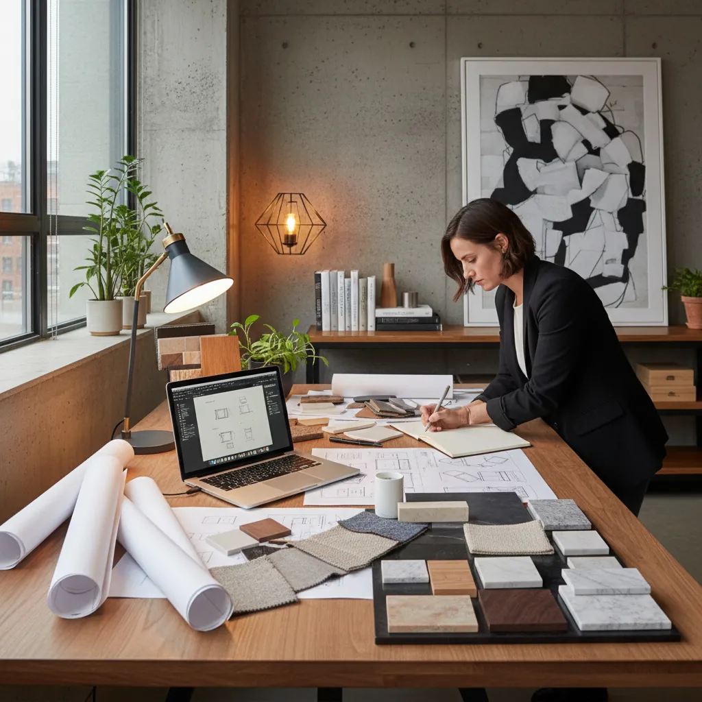 Interior designer at desk with laptop showing floor plans drawings material samples and desk lamp