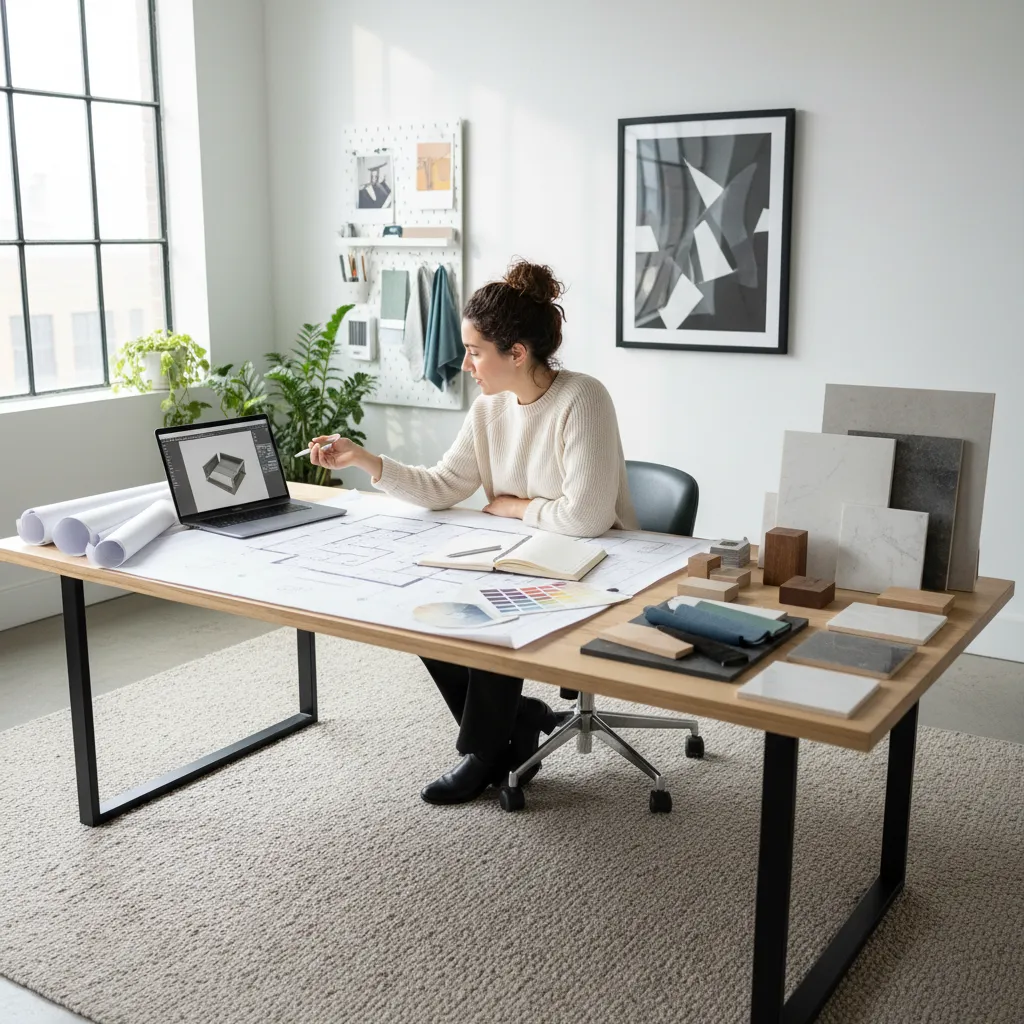 Diseñador de interiores trabajando en planos y ordenador
