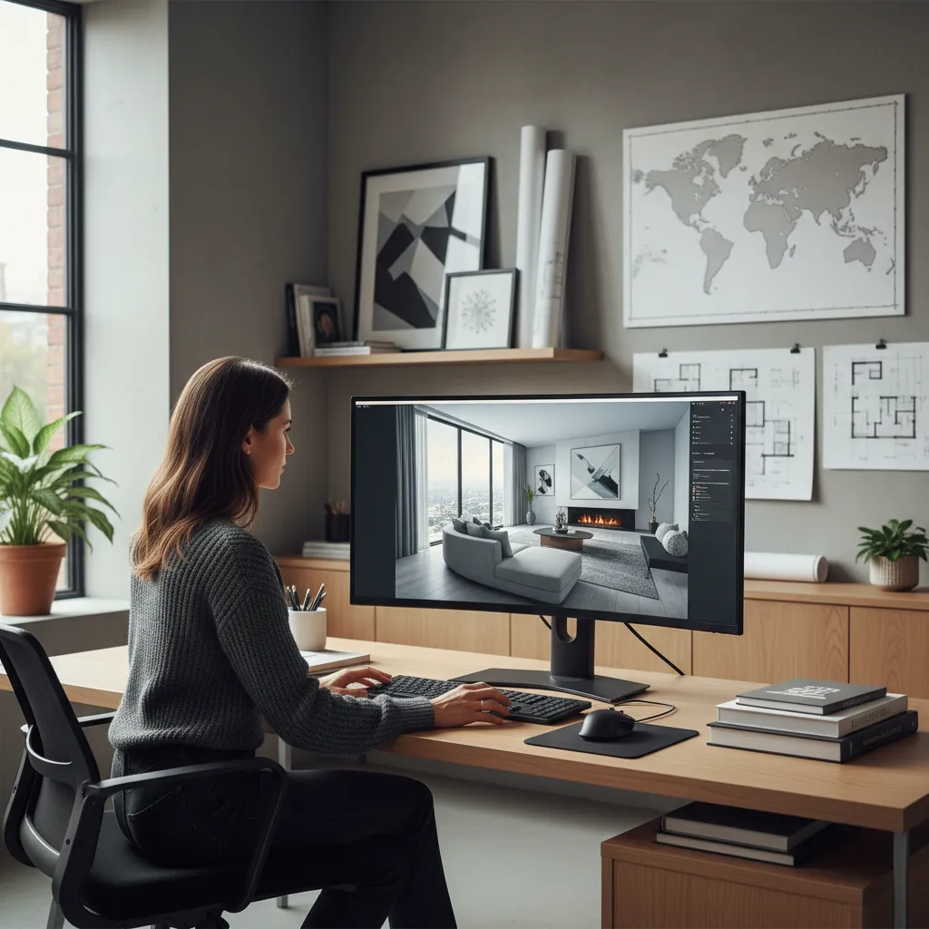 Diseñador de interiores trabajando en un proyecto residencial en ordenador