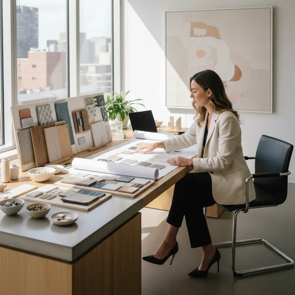 Interior designer sitting at a wooden desk choosing material samples and fabric for room layout