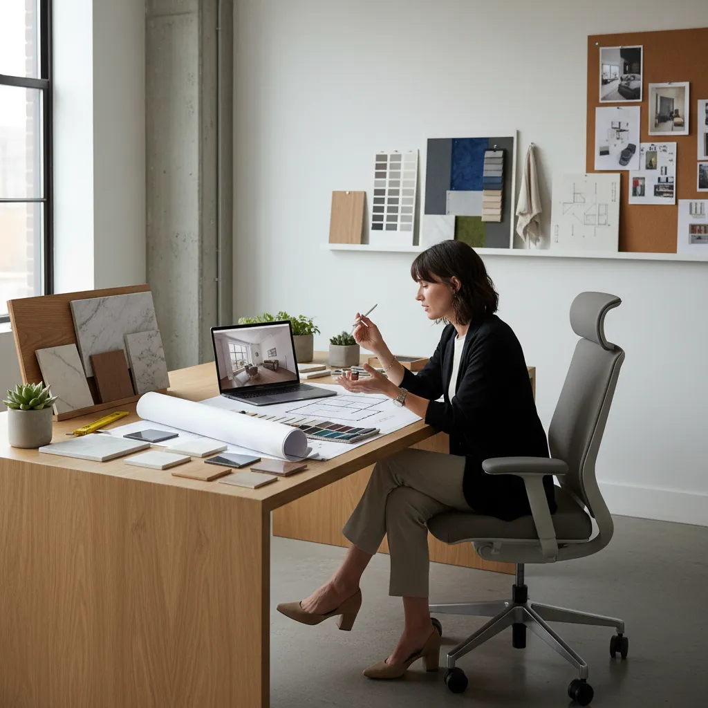 Diseñador de interiores trabajando en planos y muestras de materiales