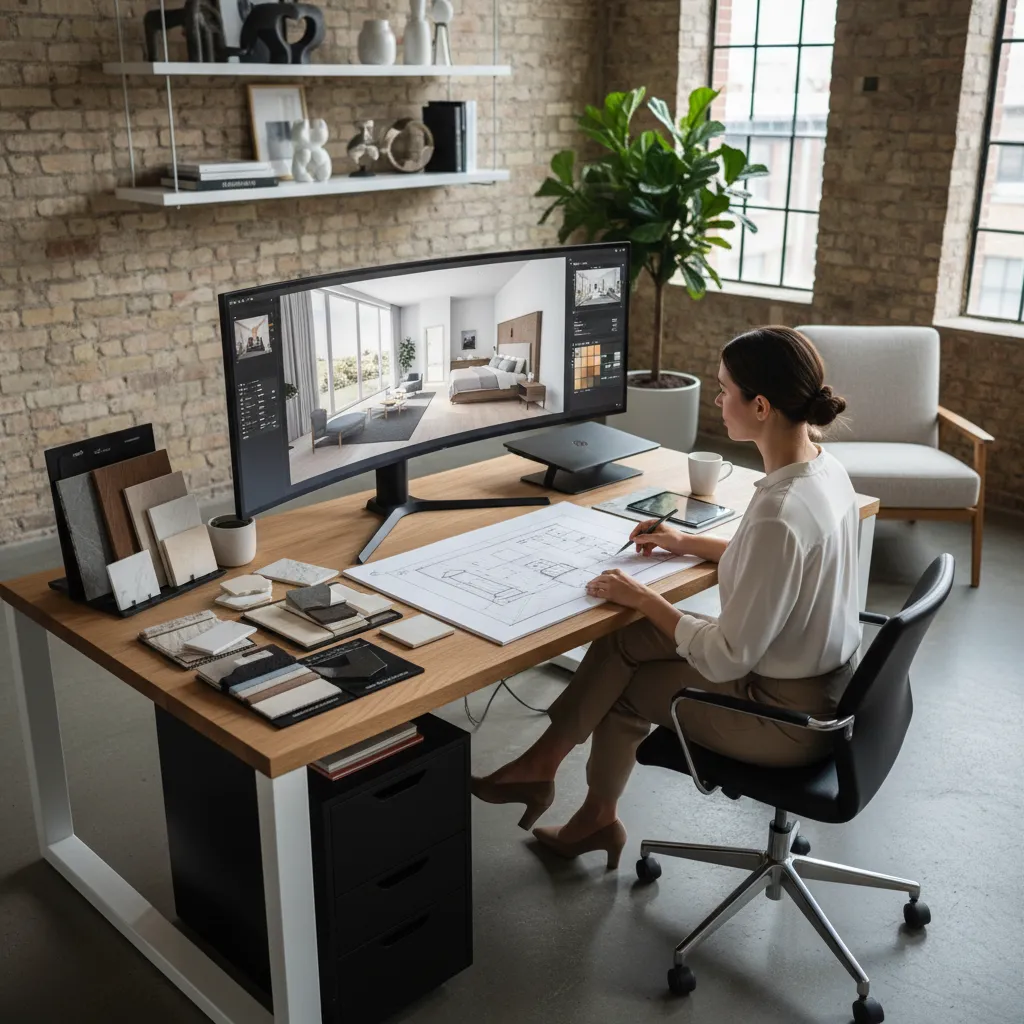 Diseñador de interiores trabajando en un modelo 3D en ordenador