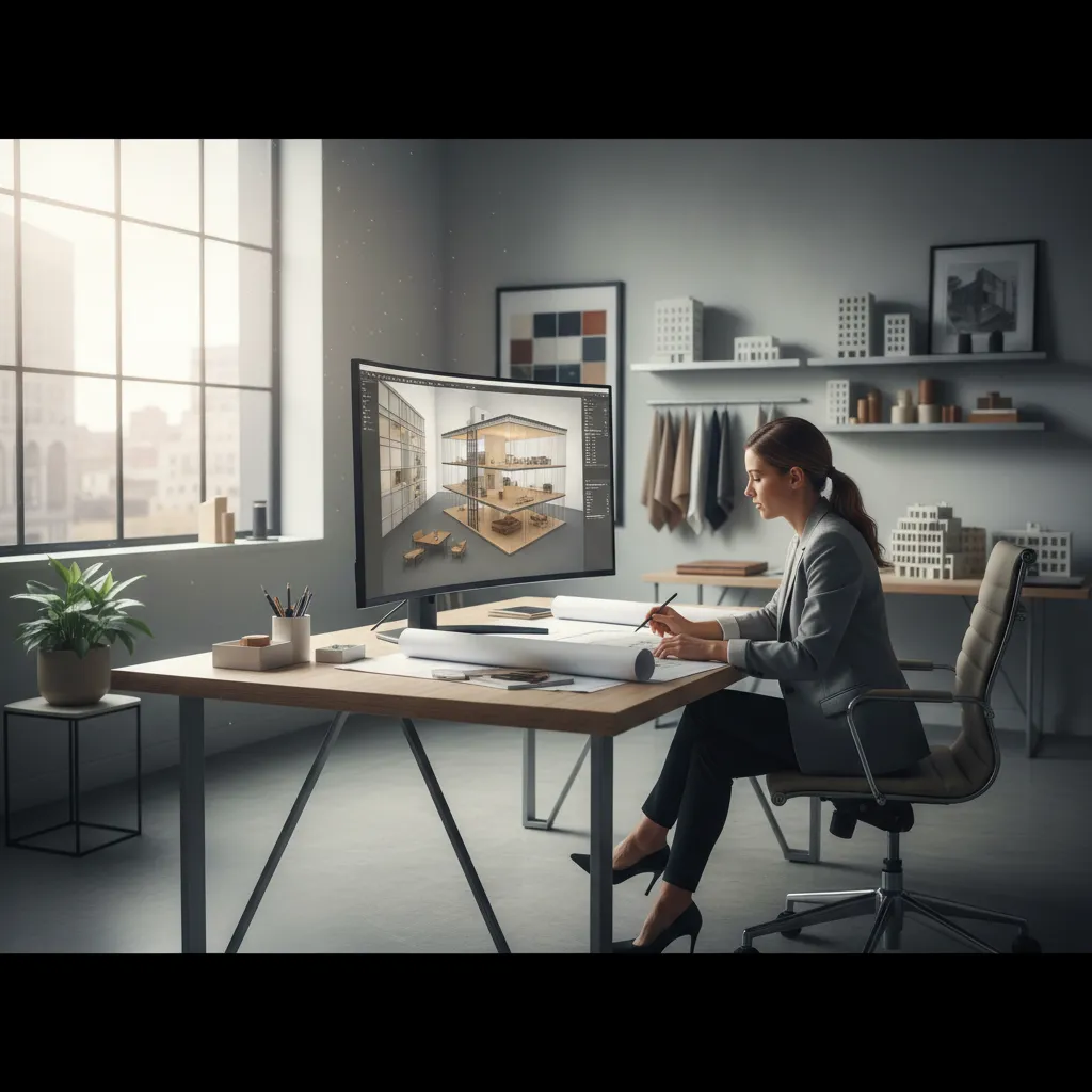 Diseñador de interiores revisando planos en un estudio profesional