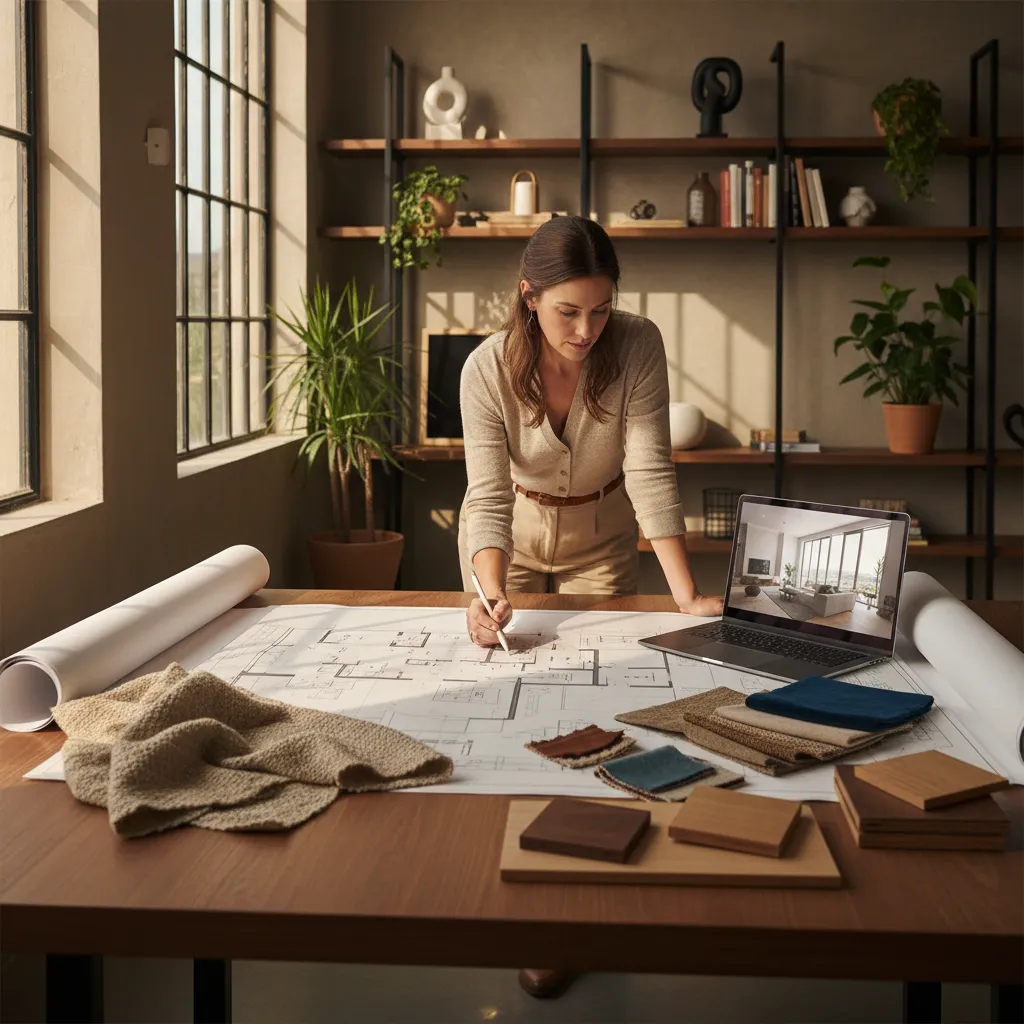 Diseñador de interiores revisando planos y muestras de materiales en un estudio