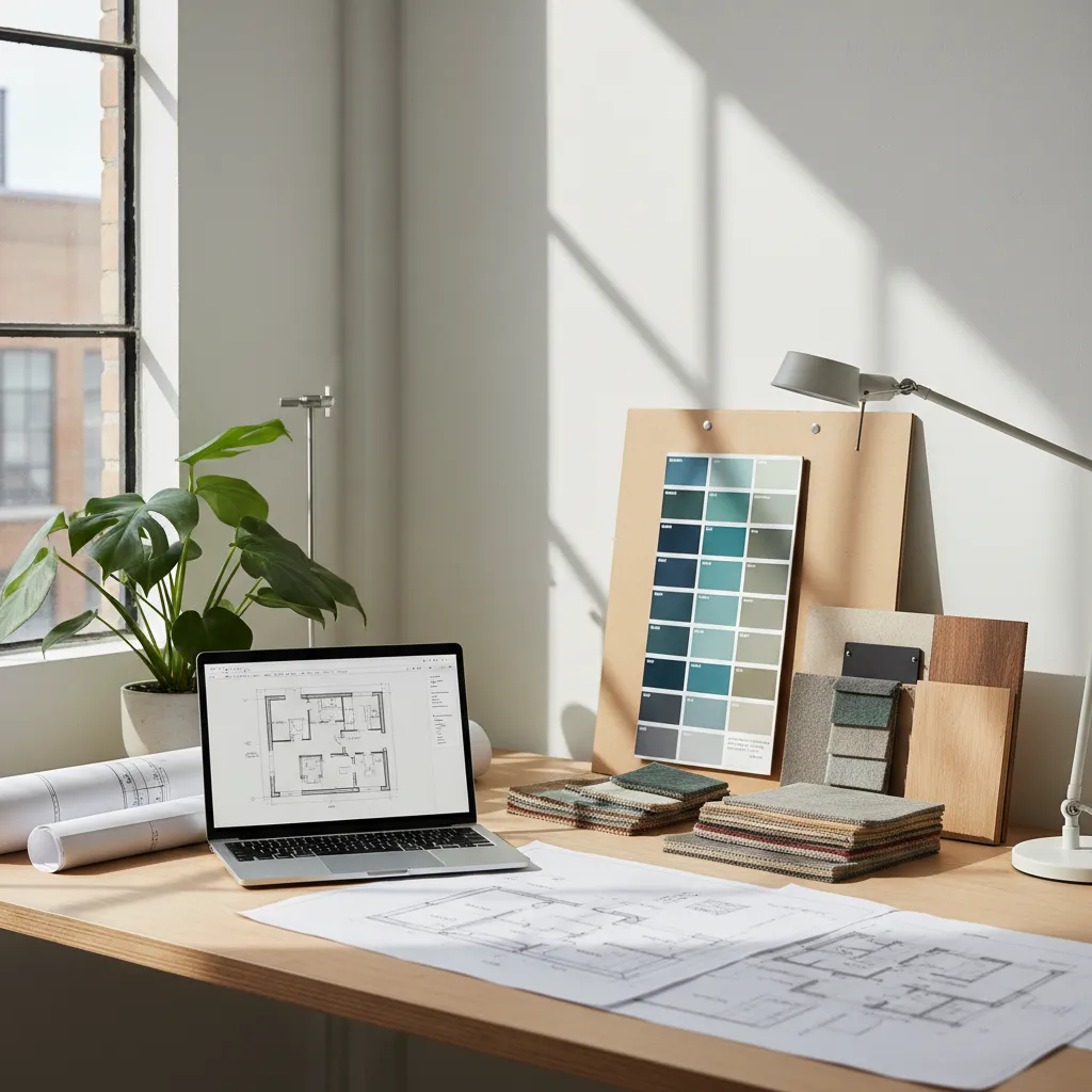 Interior design desk with laptop floor plan color palette fabric samples and paper drawings setup