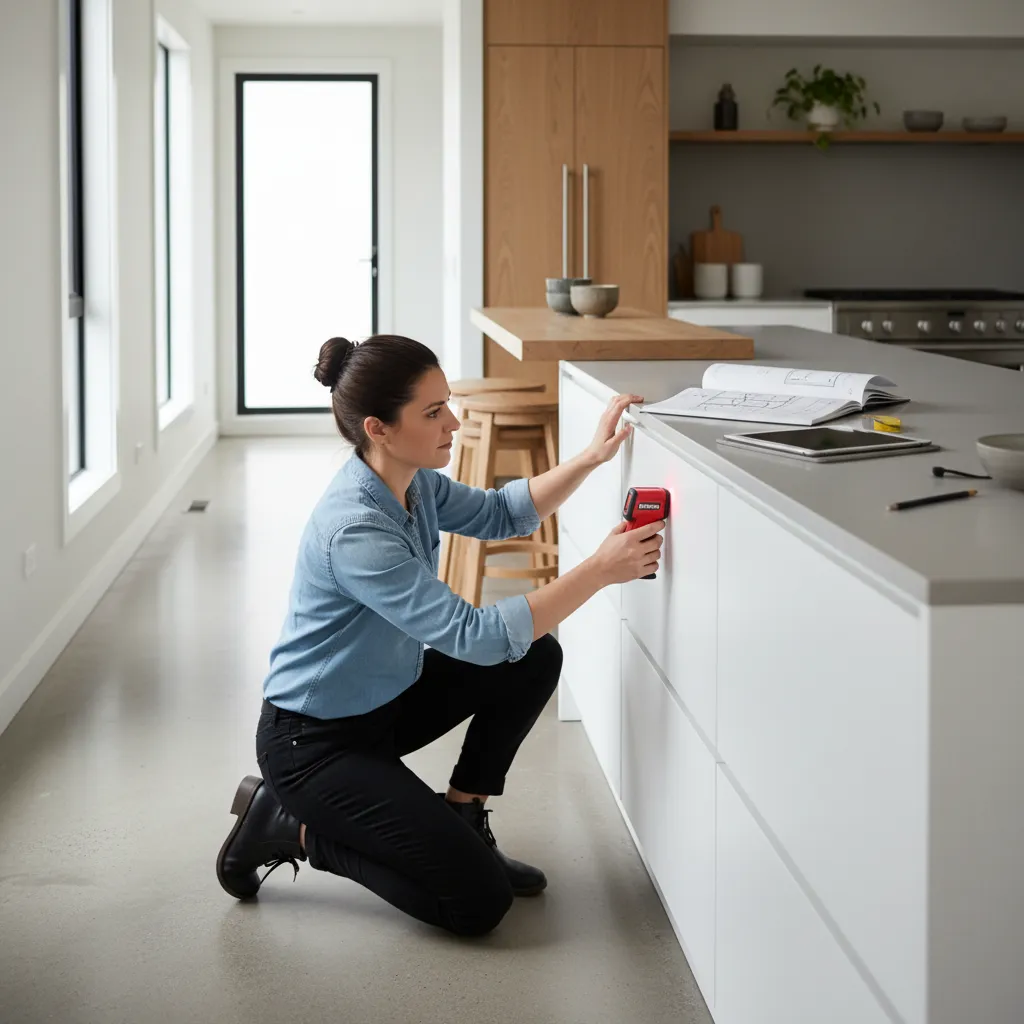Woman using a red laser measuring tool to check the height of white kitchen cabinets