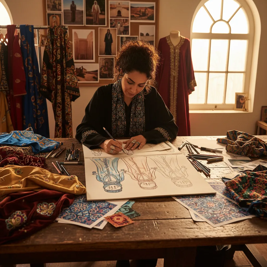 Diseñador trabajando en bocetos de moda inspirada en cultura árabe