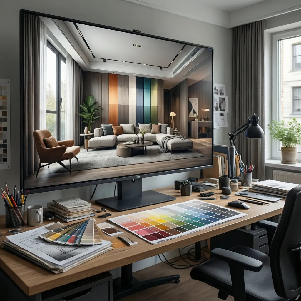 Interior design drawing on a computer screen showing living room layout with colorful wall panels