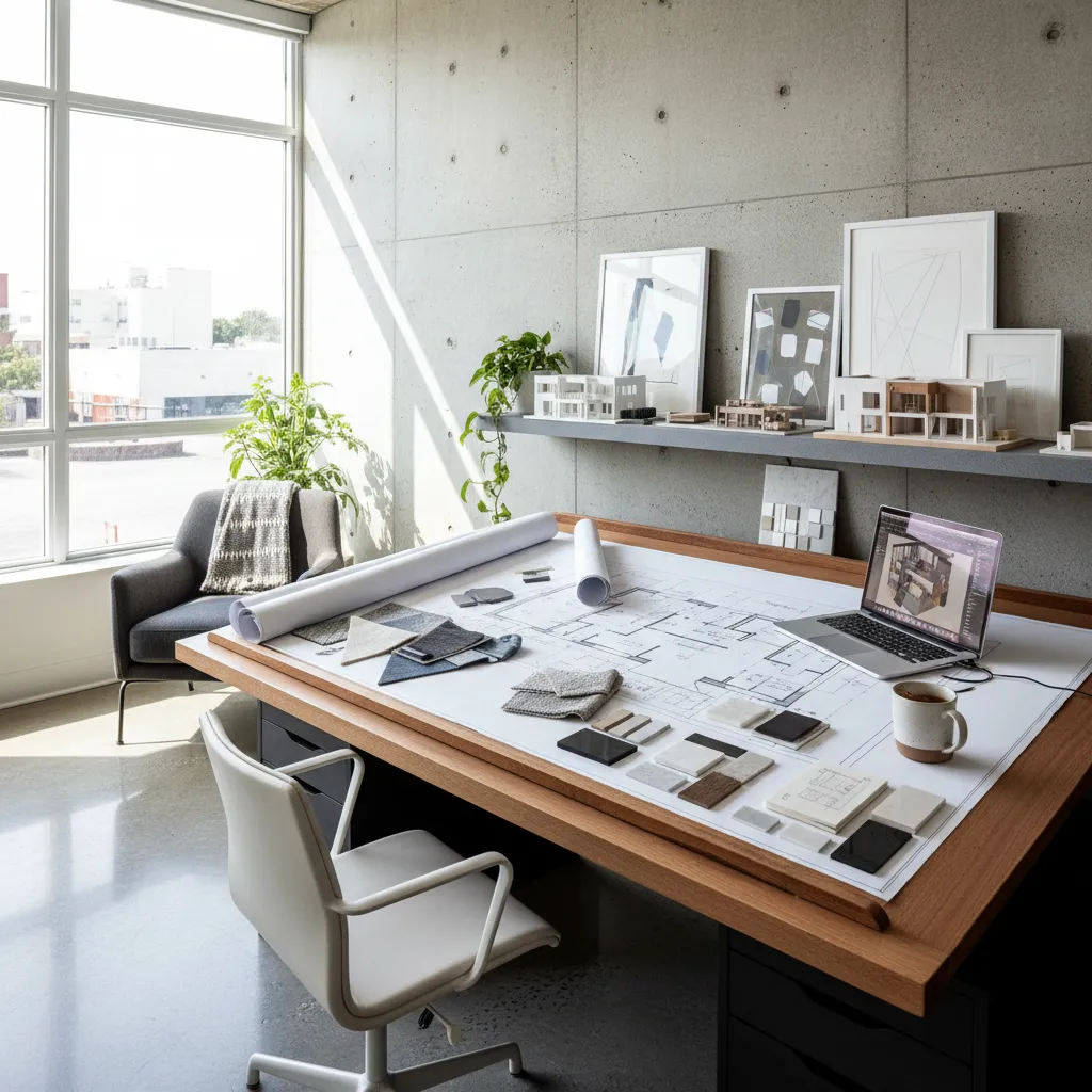 Diseñador de interiores revisando planos y materiales en una mesa de trabajo