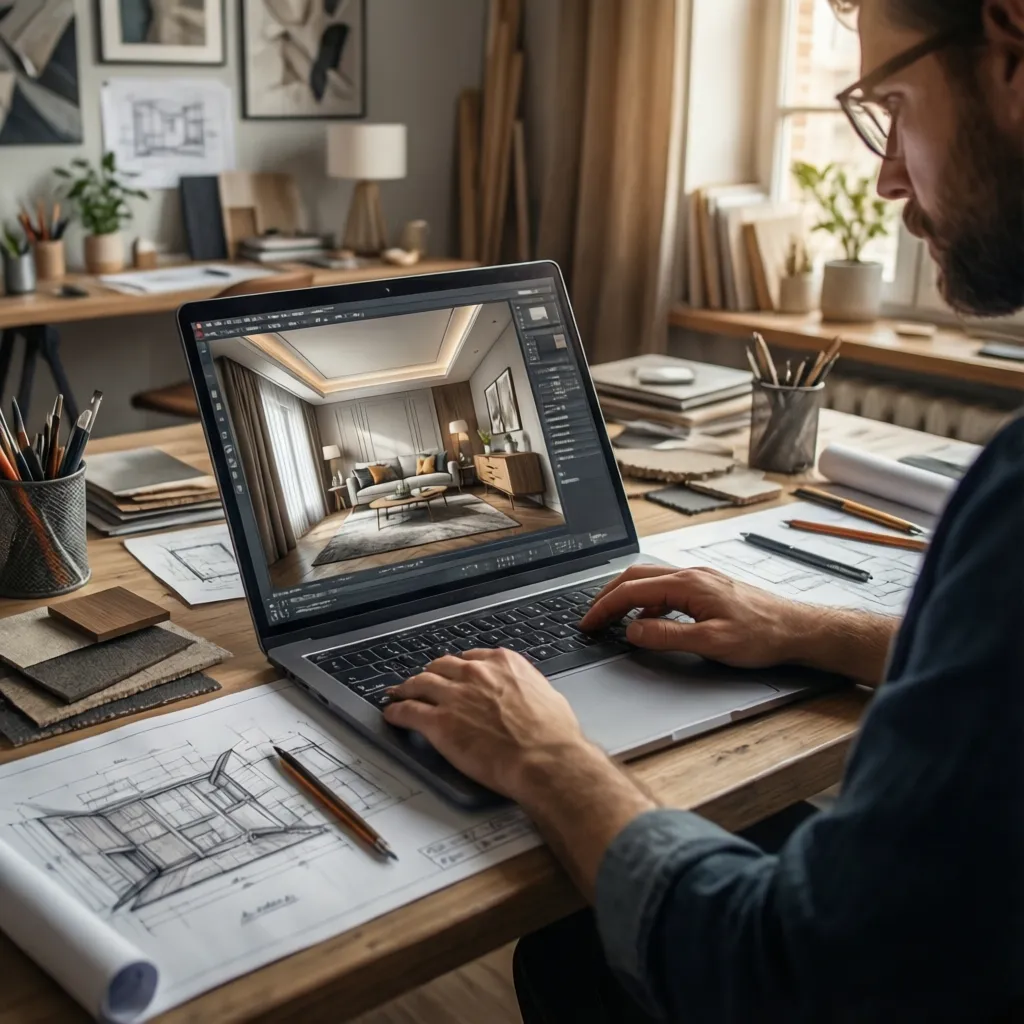 Diseñador revisando un proyecto de interiorismo en un portátil