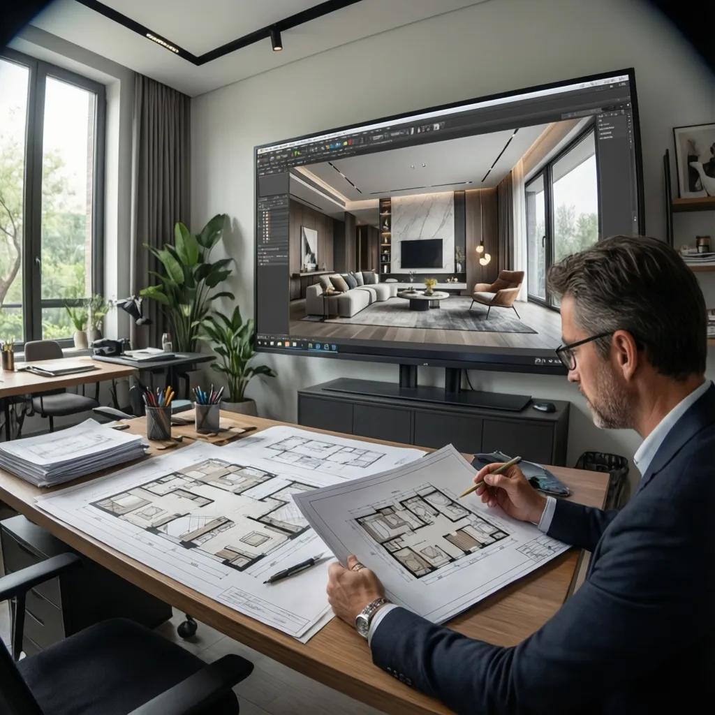 Interior designer at desk reviewing floor plan drawings with large screen showing modern room design