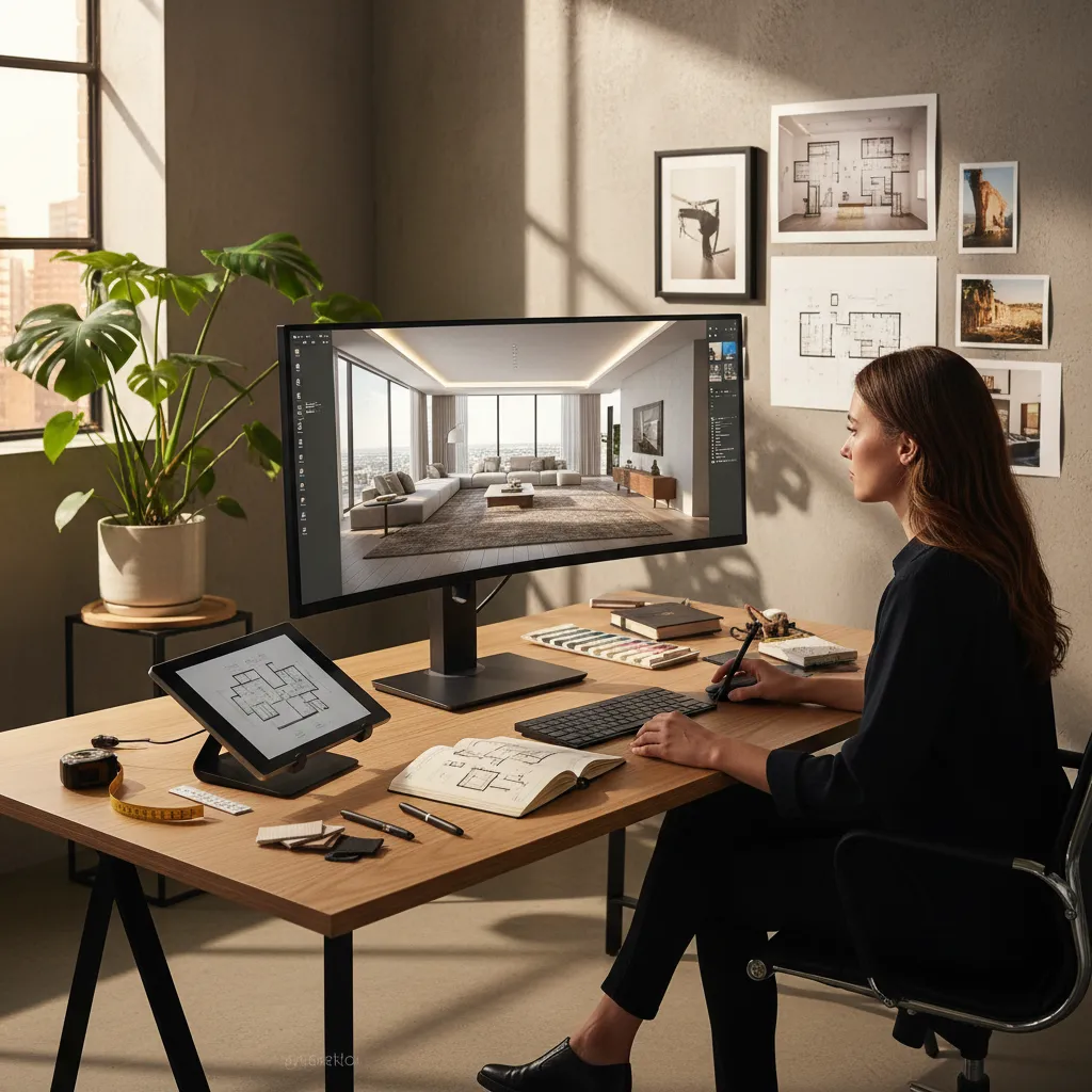 Diseñador trabajando en un render de interior en su ordenador