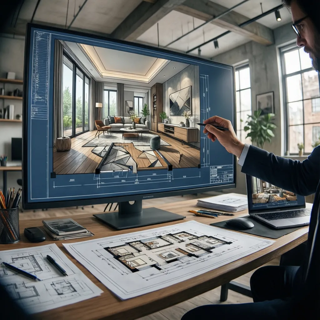 Diseñador revisando plano arquitectónico de casa en ordenador