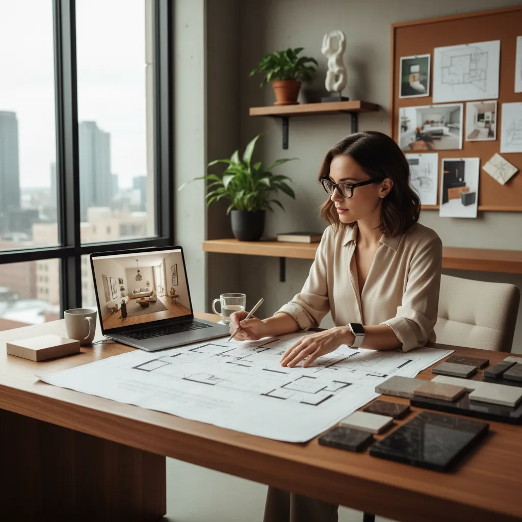 Diseñador de interiores revisando planos de distribución en un estudio
