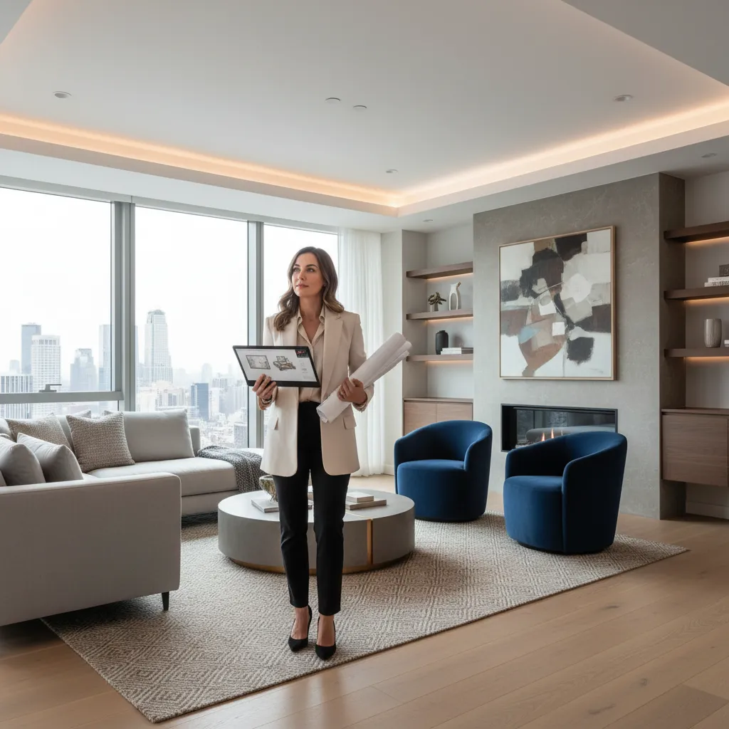 Diseñador revisando un proyecto de interiorismo en una vivienda moderna