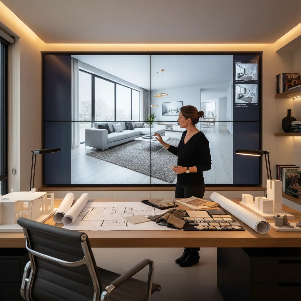 Diseñador revisando un modelo digital de interior en una pantalla grande