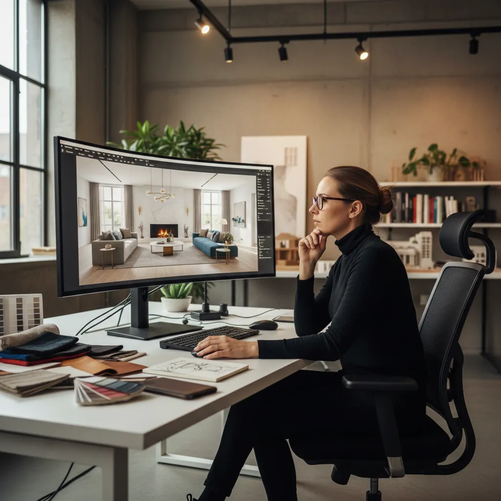 Interior designer working at desk with curved monitor showing living room layout and color fabric samples