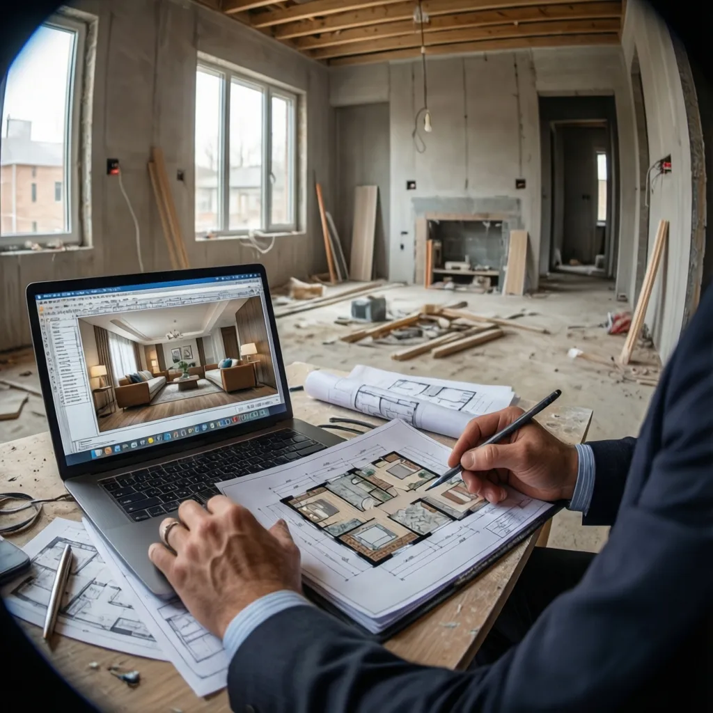Diseñador revisando planos de interiorismo en una obra en construcción
