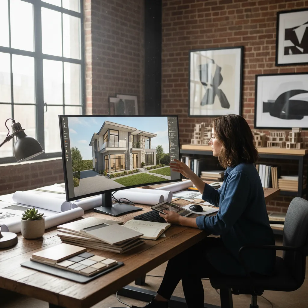 Diseñador de interiores analizando un modelo 3D de vivienda en ordenador