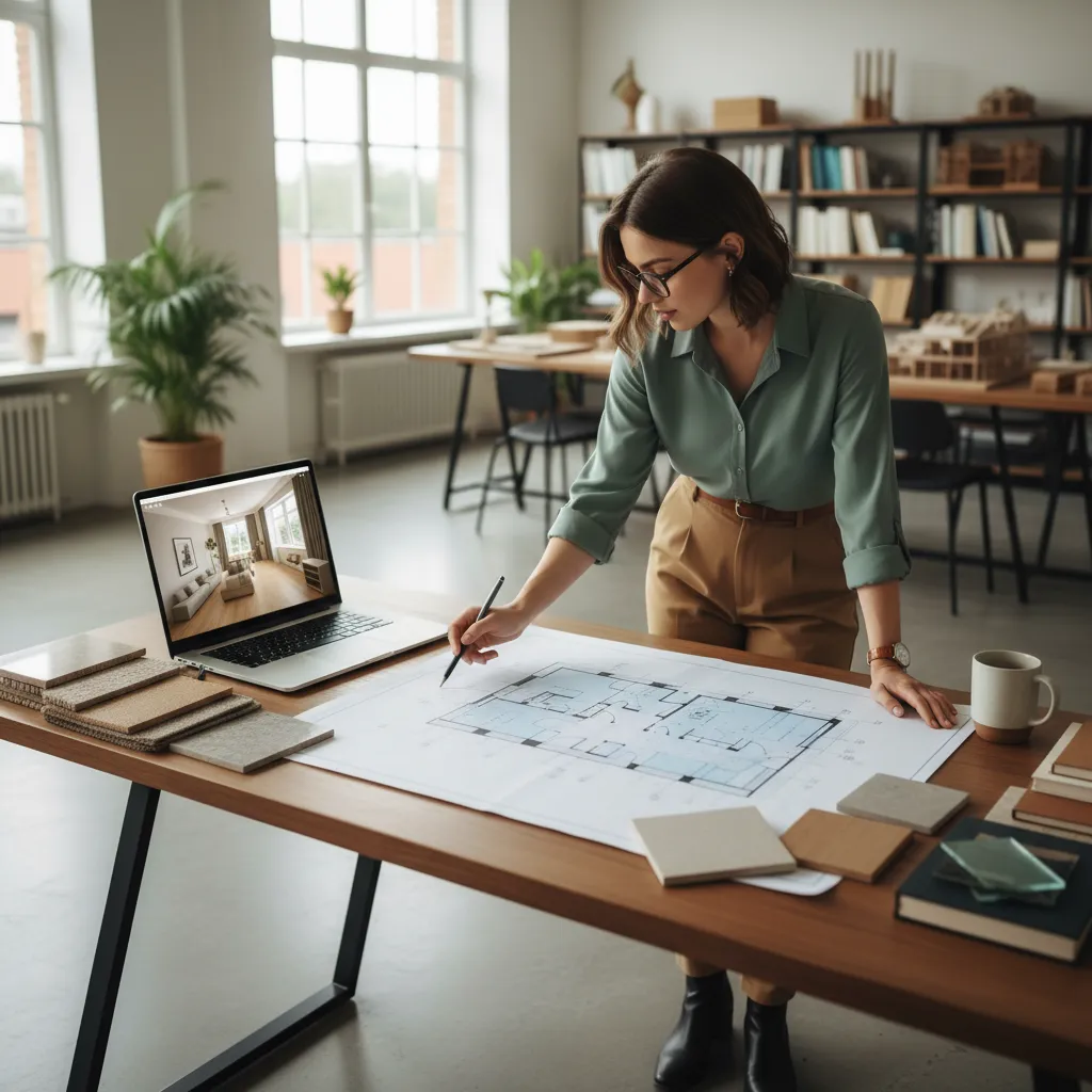 Diseñador revisando planos de interiorismo en su escritorio