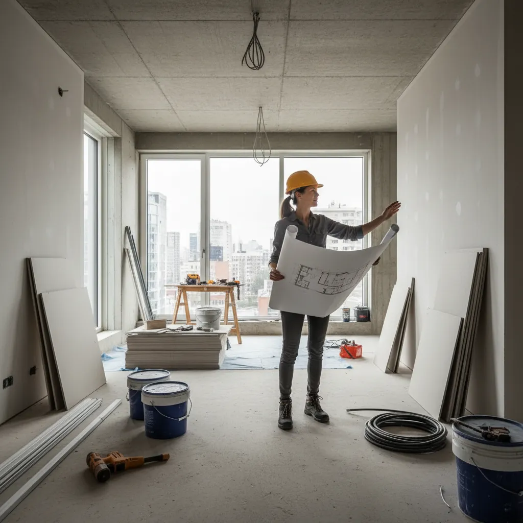 Diseñador de interiores revisando una obra en construcción con planos