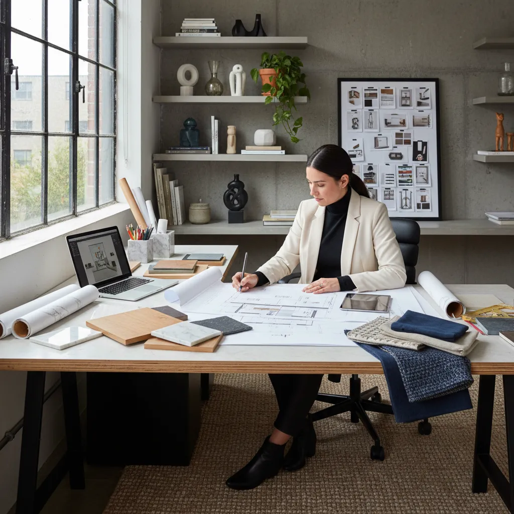 Diseñadora de interiores revisando planos y muestras de materiales