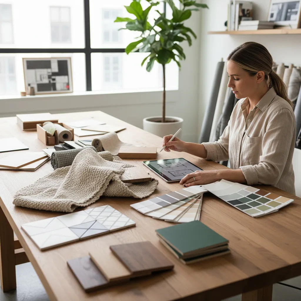 Interior designer using tablet with floor plan and material samples like fabric and wood tiles