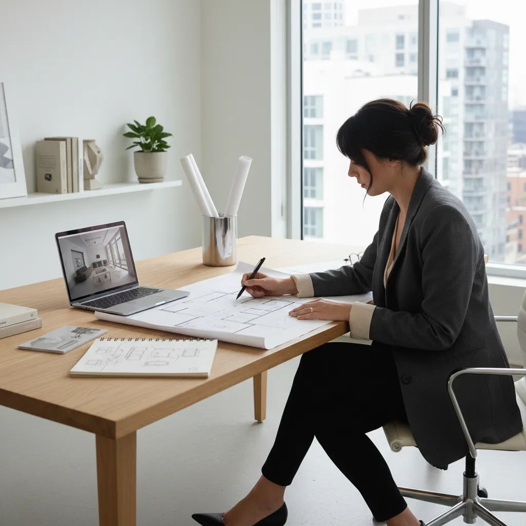 Diseñadora de interiores revisando planos de distribución en un estudio