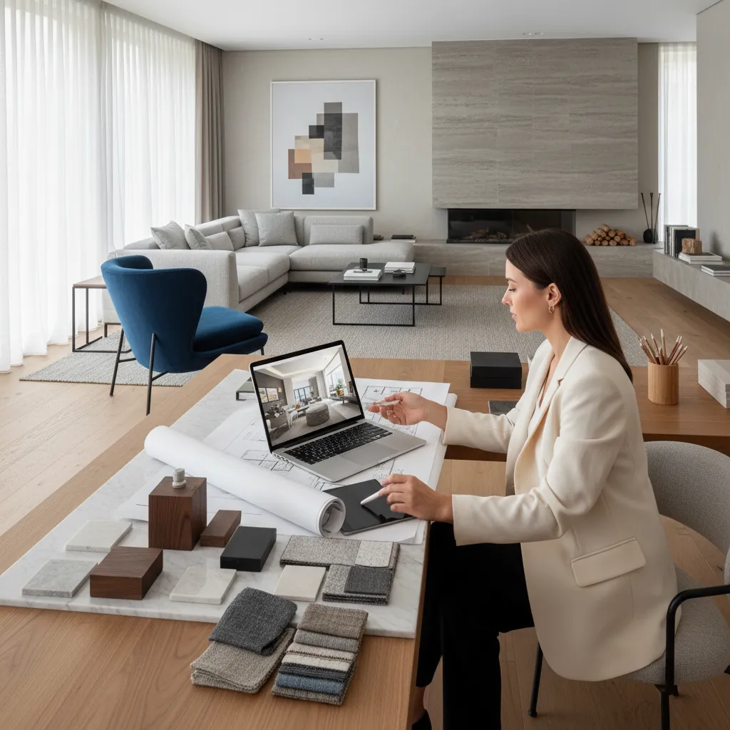 Designer working with material samples and floor plans at a desk using a laptop computer