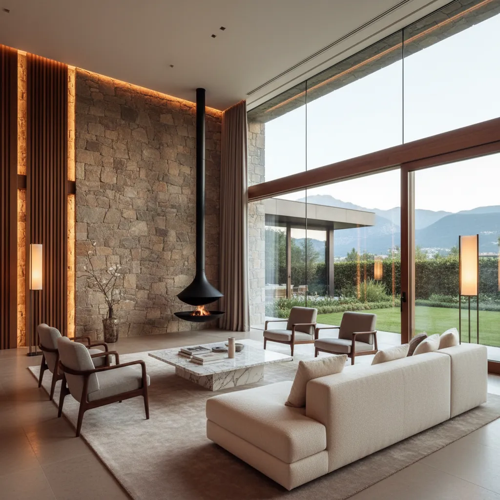 Large living room with cream sofa armchairs hanging black fireplace stone wall and mountain views