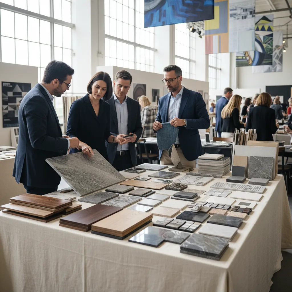 Diseñadores hablando con proveedores en una feria de interiorismo