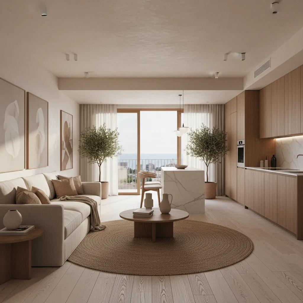 Open plan living room kitchen with beige sofa round rug kitchen island and wooden cabinets