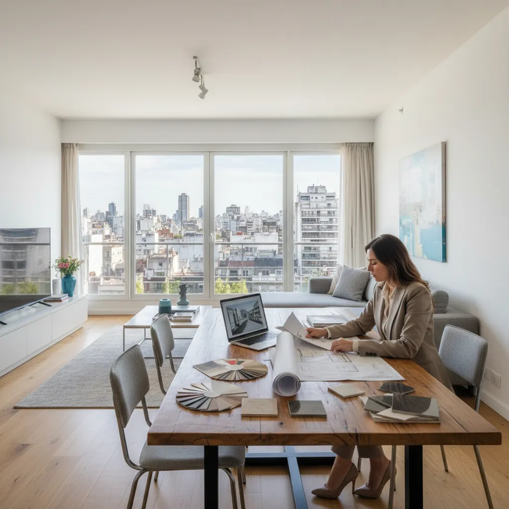 Interior designer at wooden table with laptop color samples and paper plans overlooking the city