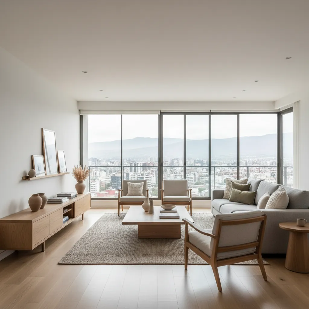 Modern living room with grey sofa wooden furniture and large windows overlooking a city view