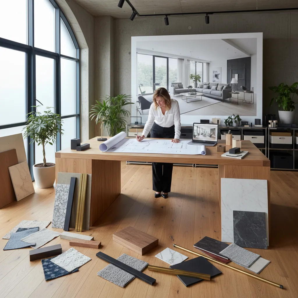 Interior designer working on floor plan with material samples like wood and marble on desk