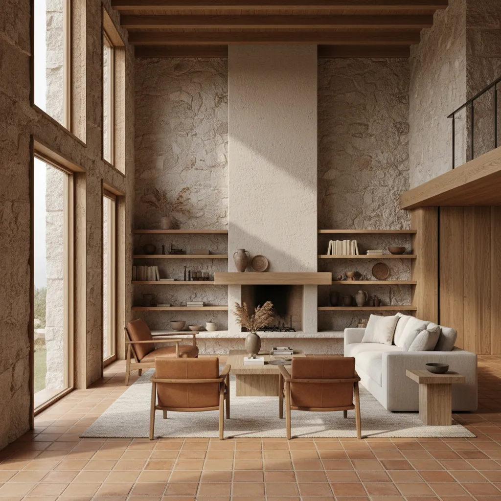 Rustic living room with stone walls, wooden shelves, a fireplace, white sofa, and brown chairs