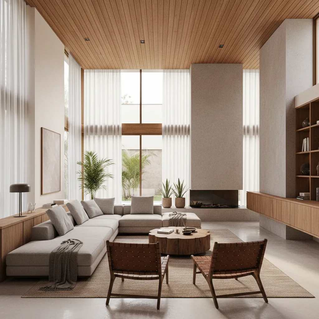 Modern living room with grey sofa wooden ceiling fireplace large windows curtains and coffee table