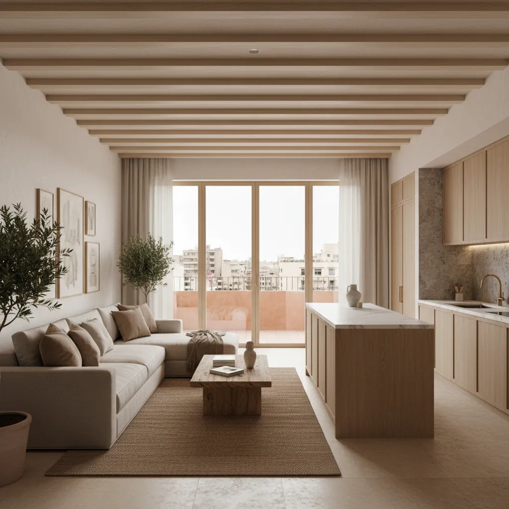 Modern open living room and kitchen with wooden ceiling beams, beige sofa, and kitchen island