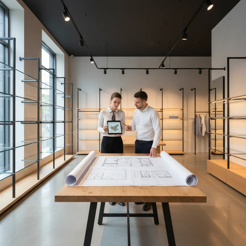 Two people discussing a floor plan design using a tablet and paper inside retail store