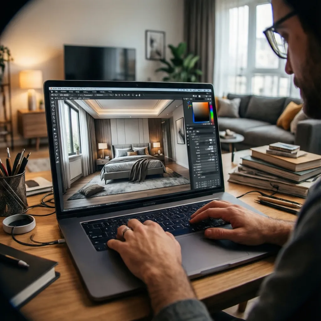 Persona diseñando una habitación en un simulador de interiores desde su portátil
