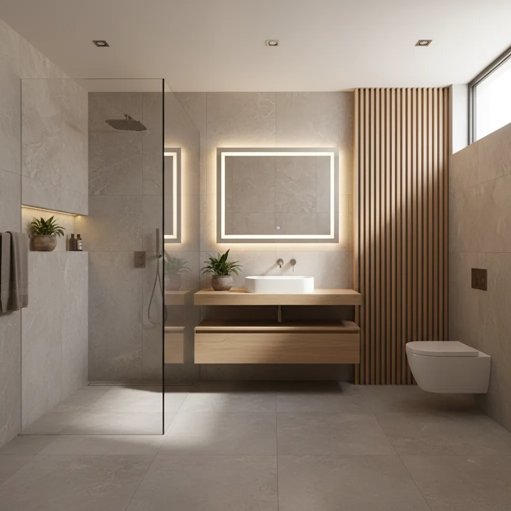 Modern bathroom with glass shower wooden wall panel lit mirror and wall hung white toilet