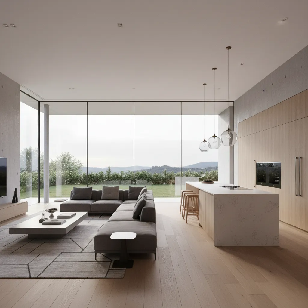 Modern open kitchen and living room featuring grey sofa wooden floors and large glass windows