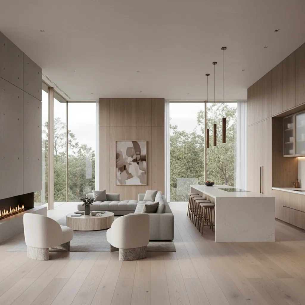 Modern living room with large windows showing green trees grey sofa wooden cabinets and fireplace