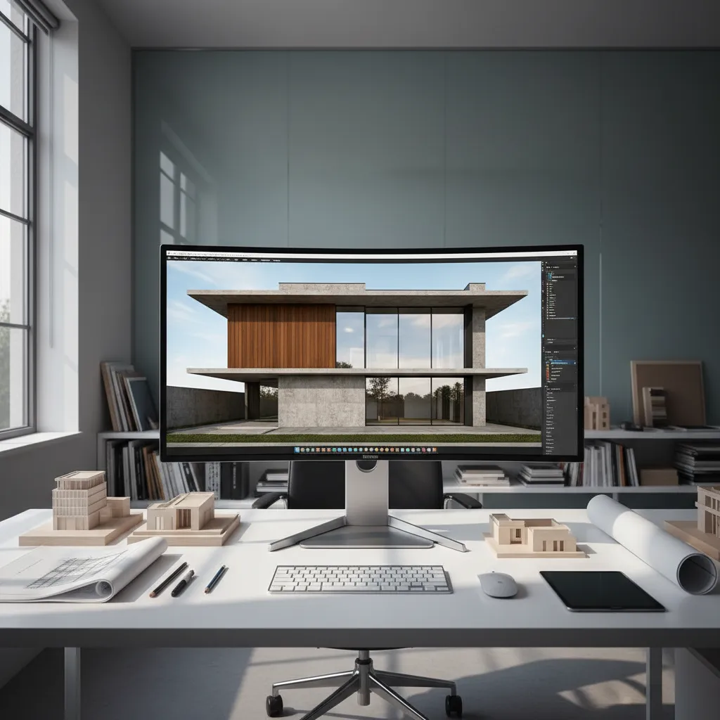 Computer monitor displaying a modern house exterior design on a desk with small house models