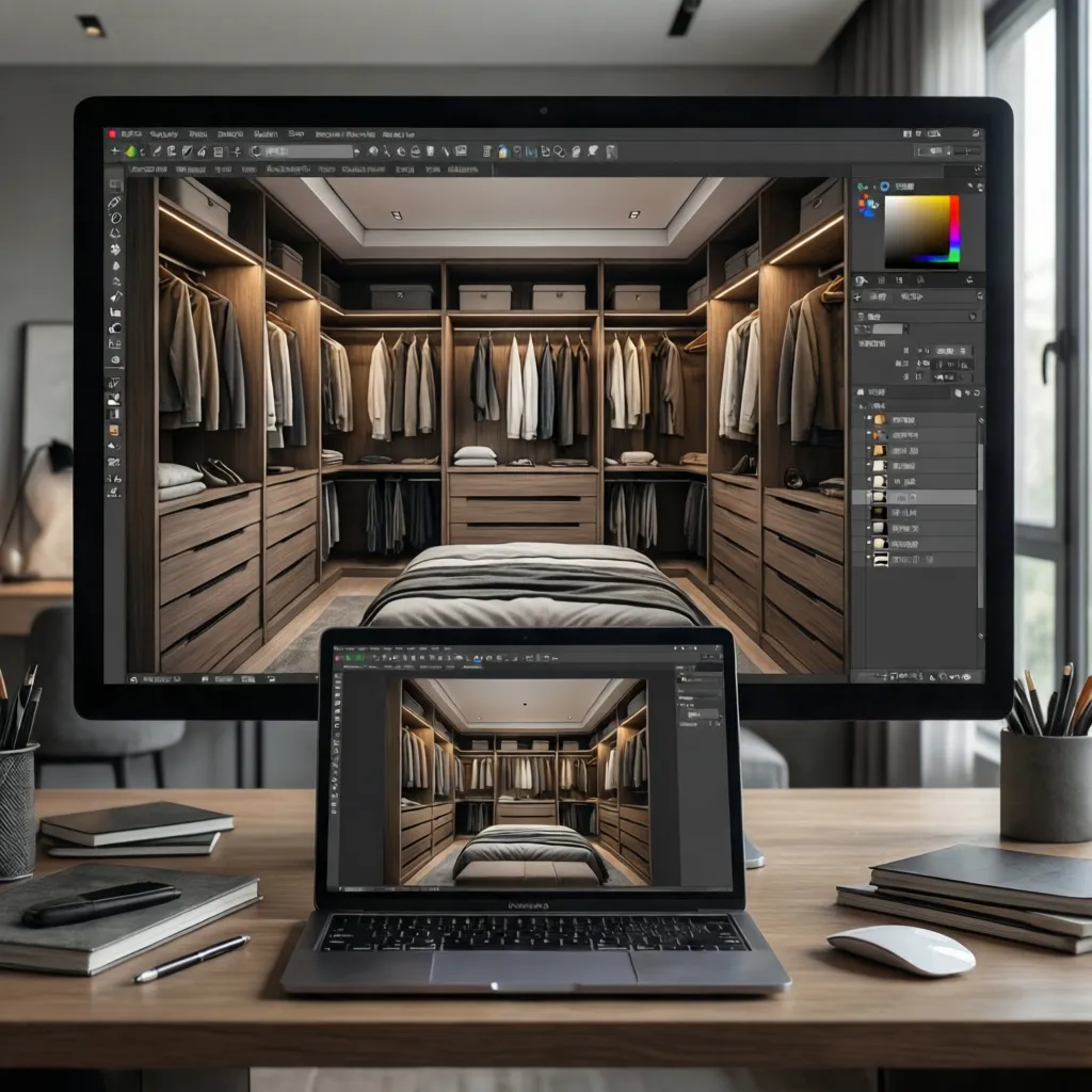 Laptop and monitor displaying professional 3D interior design drawing of luxury walk in closet storage