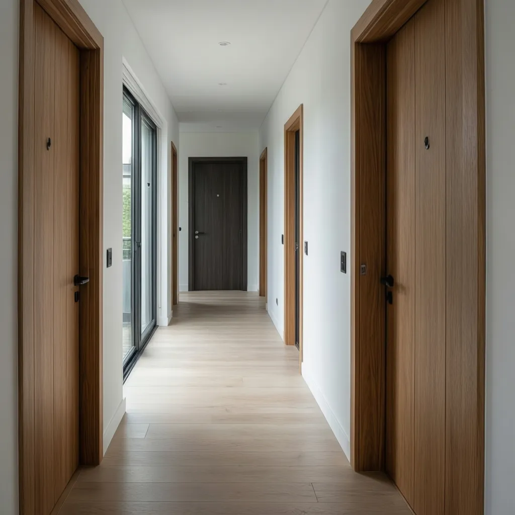 Modern white hallway with light wooden doors, glass window, wood flooring, and a dark door