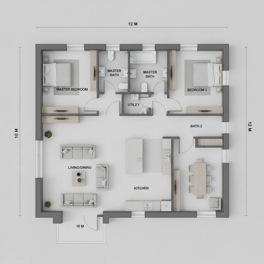 Plano de casa 10x12 con tres dormitorios y dos baños