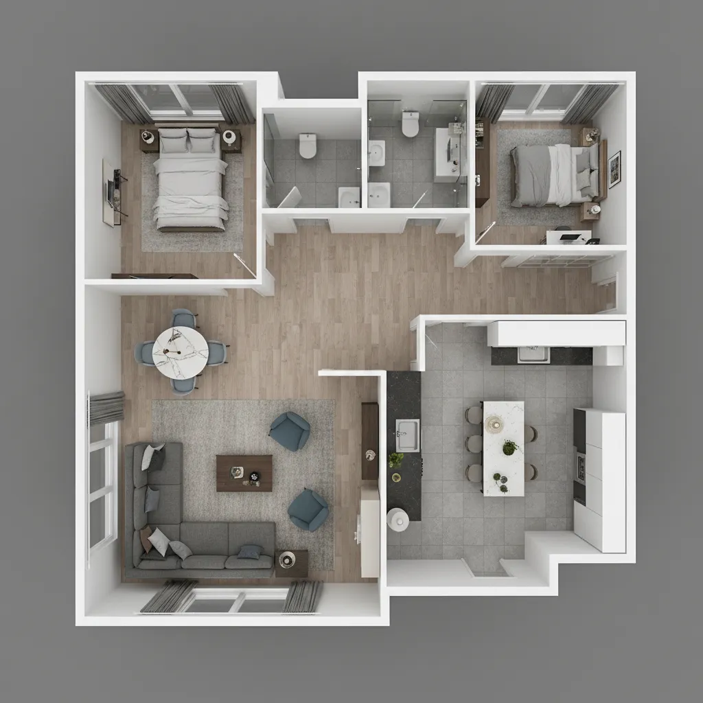 Plano 3D de un apartamento completo con varias habitaciones