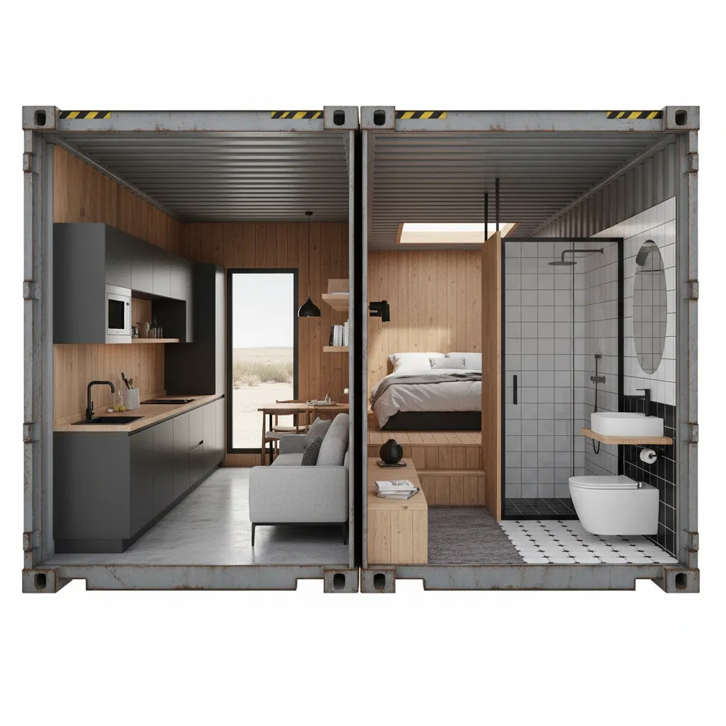 Modelo 3D de diseño interior de una casa contenedor pequeña